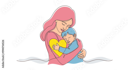 Continuous Line Mother Hugging Child Love Concept Illustration