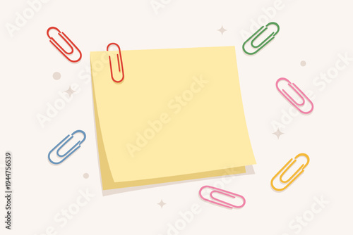 Flat vector illustration of a blank yellow post-it note surrounded by colorful paperclips in red, blue, green, and pink. Minimalist stationery design for office reminders and school supplies.