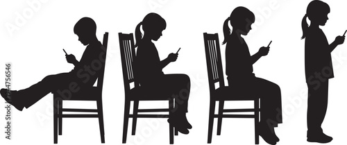 Set of silhouettes showing young children and teenagers sitting on chairs and standing while using smartphones isolated on white background for technology addiction concepts.