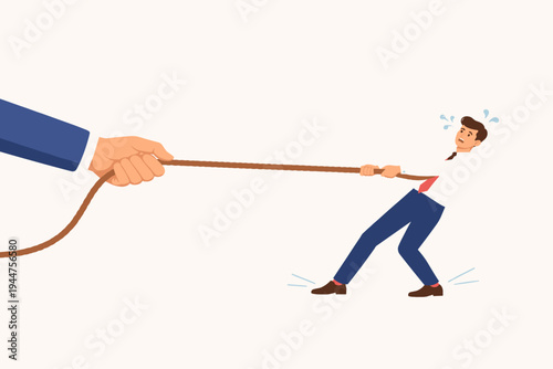 Business Tug of War Concept with a Giant Hand Pulling a Rope Against a Struggling Businessman in a Suit. Illustration of Power Struggle, Corporate Pressure, Inequality, and Competition at Work.