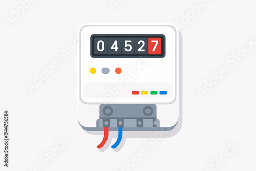 Flat vector illustration of a home electricity meter with a digital counter showing energy consumption. Modern utility gauge for power monitoring, electrical bills, and smart home technology.