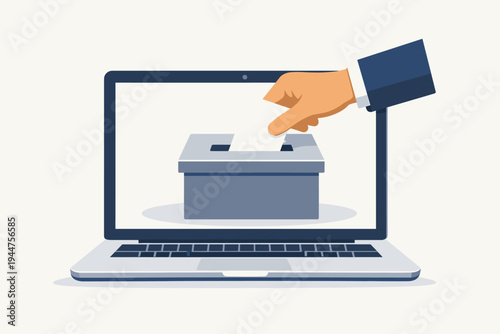 Online Voting Concept Illustration Featuring a Hand Putting a Ballot Paper into a Ballot Box on a Laptop Screen, Representing Digital Democracy, Electronic Elections, and Internet Polling Systems.