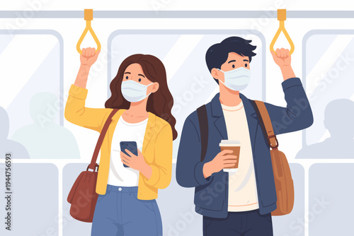 Young man and woman wearing surgical face masks while commuting on public transport, holding hand straps in a subway or bus, using smartphone and holding coffee cup, flat vector illustration.
