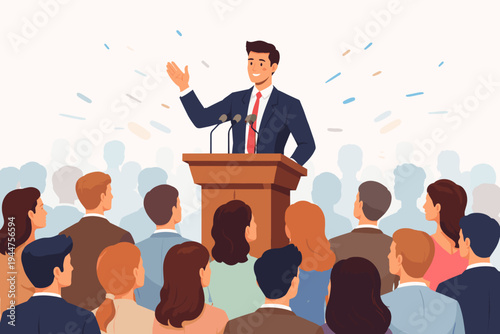 Vector illustration of a confident male leader or public speaker in a suit giving an inspiring speech from a wooden podium to a large attentive crowd at a business conference or political rally.