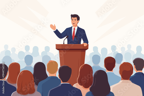 Confident Male Leader in a Suit Giving a Powerful Speech from a Wooden Podium to a Large Diverse Audience, Professional Public Speaker Delivering an Inspiring Presentation, Flat Vector Design