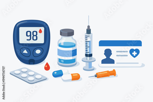 Diabetes Management Kit with Blood Glucose Meter, Insulin Vial, Syringe, Pills, Capsules, and Patient ID Card. Flat Vector Illustration for Healthcare, Medical Insurance, and Disease Control.