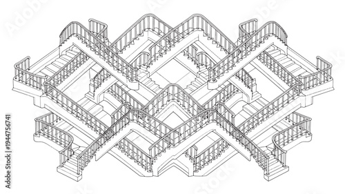 A detailed black and white illustration of a geometric maze, perfect for adult coloring books, featuring intricate patterns and shapes.