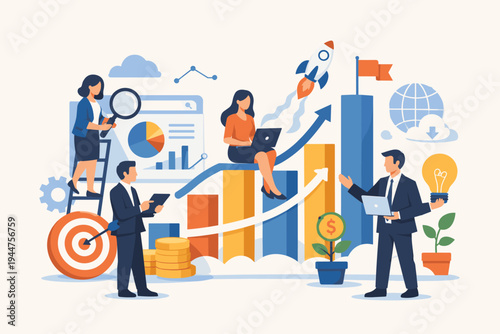 Business Team Analyzing Data and Growing Successful Startup with Technology, Bar Charts, Line Graphs, Rocket Launch, Target, and Financial Growth Icons in Modern Flat Vector Illustration.