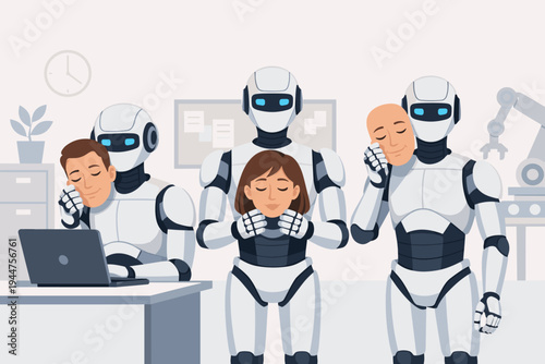 Humanoid Robots Replacing People at Work Holding Human Masks in Office Setting, Artificial Intelligence Automation Concept, Future of Employment and Job Displacement Flat Vector Illustration