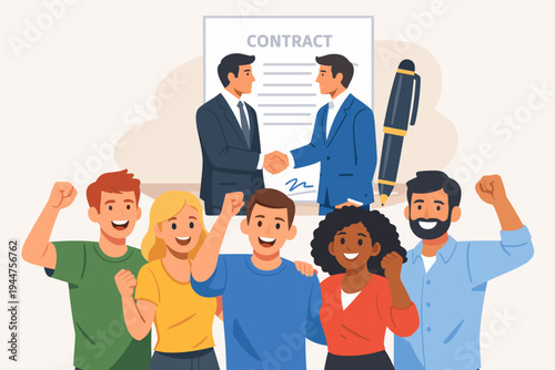 Diverse Team of Happy People Celebrating a Successful Business Deal with Two Businessmen Shaking Hands in Front of a Signed Contract Document and Large Pen, Flat Vector Illustration