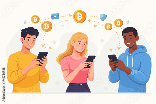 Diverse Group of People Using Mobile Apps on Smartphones for Bitcoin Cryptocurrency Transfers, Peer-to-Peer Digital Money Exchange, Blockchain Technology, and Secure Online Financial Transactions
