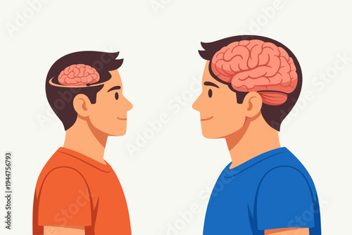 Flat vector illustration of two men with different brain sizes facing each other, symbolizing intelligence levels, cognitive capacity, learning potential, mental health, and brain development.