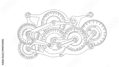 A detailed and complex illustration of interconnected mechanical gears and cogs, perfect for adult coloring books, showcasing intricate designs and patterns in black and white.