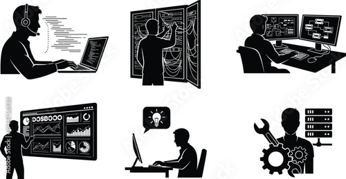 IT professionals working on server maintenance, data analysis, technical support, coding, dashboard analytics, innovation, and software system management.