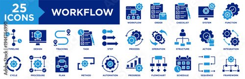 Workflow Icon Set Collection. Icon Pack Contain Process, Task, Step, Action, Sequence, Order, System, Cycle, Automation, Checklist