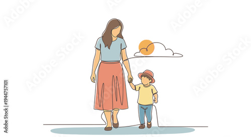 Continuous Line Mother Walking with Child Vector