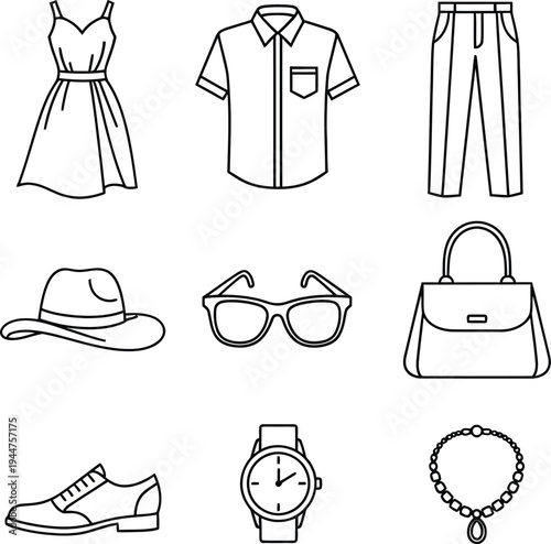 Fashion Clothing and Accessories Line Icons Set – Dress Shirt, Pants Hat, Sunglasses, Handbag Shoes Watch Necklace Outline Vector