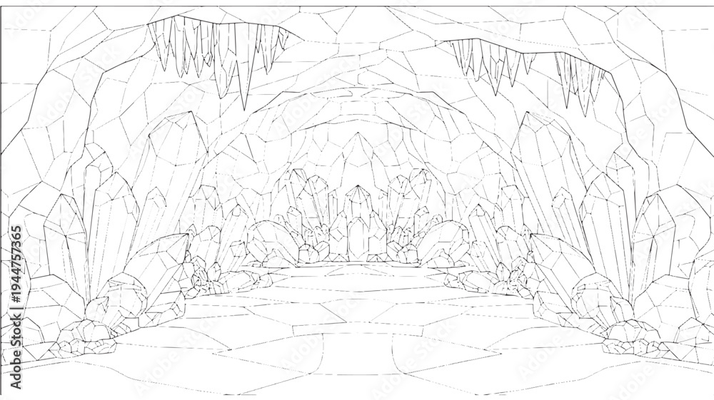 Fototapeta premium A detailed adult coloring page featuring a serene and mystical cave scene with a winding pathway, lush foliage, and intricate rocky formations leading to a majestic archway in the distance.