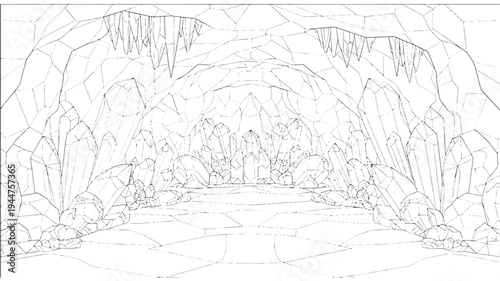 A detailed adult coloring page featuring a serene and mystical cave scene with a winding pathway, lush foliage, and intricate rocky formations leading to a majestic archway in the distance.