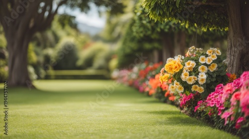 Wallpaper Mural Colorful Flower Garden with Green Lawn Surrounded by Trees and Bright Blooms in Beautiful Outdoor Setting Torontodigital.ca