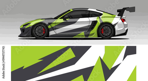 Vibrant neon green racecar with bold black and white graphics and aerodynamics on a race track.