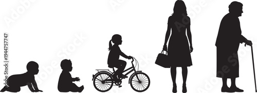 Creative silhouette illustration showing the stages of human life from crawling baby to young woman and elderly senior with cane for diversity concepts.