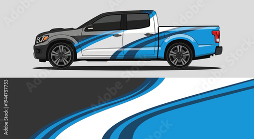 Stylized blue and white pickup truck with flowing stripe graphics.