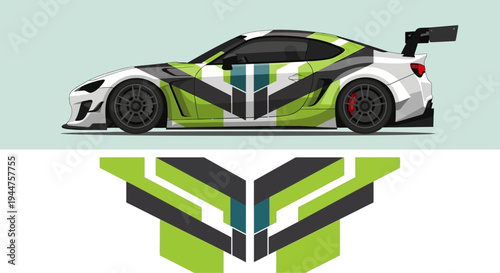 White race car with neon green geometric livery and bold branding on a mint backdrop.