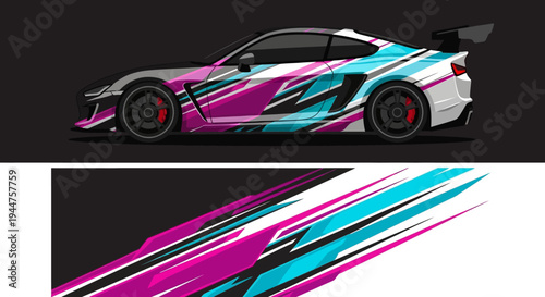 Vibrant diagonal striped racing car graphic on black background with dynamic color palette.