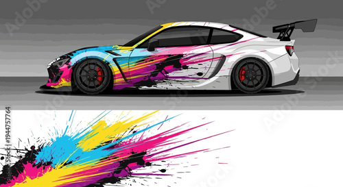 Vibrant Race Car with Colorful Paint Splash and Dynamic Graphics on a Track.
