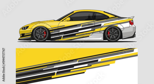 Vibrant yellow sportscar with bold black racing stripes and modern design across sleek form.