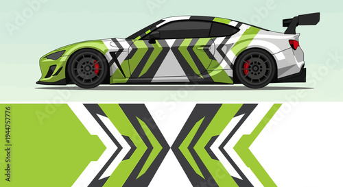 Vibrant green and black race car with modern livery and dynamic graphic design.