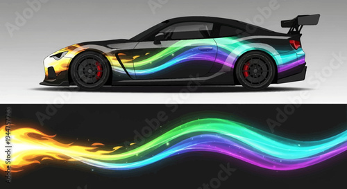Vibrant Rainbow Flame Trail Adorned Sports Car in Motion.