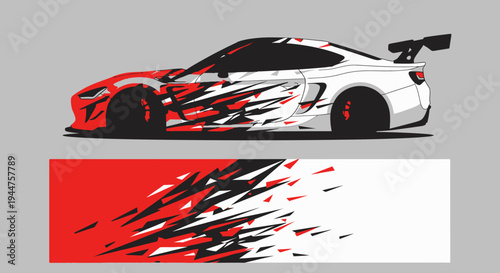 Sleek red and white sports car in fast motion with aerodynamic design and dynamic blur.