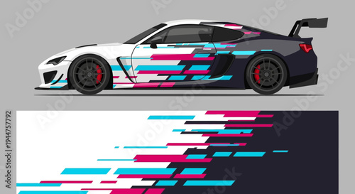 Side view of a high speed race car with pixelated blue and pink livery.