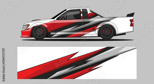Dynamic red, black, and white racecar graphic with bold stripes and aerodynamic design on a sleek automobile illustration.