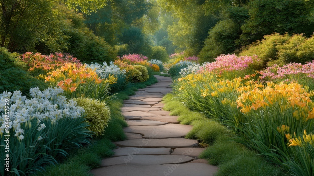 Obraz premium Serene Pathway through Vibrant Flower Garden Surrounded by Lush Greenery and Sunlit Trees in Tranquil Nature Setting