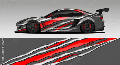 Sleek red and black racing sports car with dynamic graphic stripes.