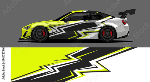 Sleek yellow and white racecar with bold zigzag graphics on a racing track.