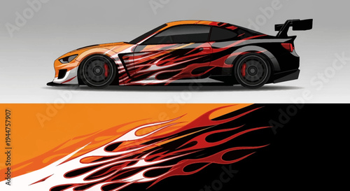 Orange race car with red flame graphics and spoiler on a white background, showcased from side profile.