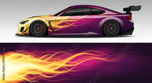 Vibrant purple and orange flame graphic sports car with bold aerodynamic design and dynamic motion.