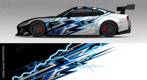 Sleek blue and white race car with dynamic lightning graphic design.