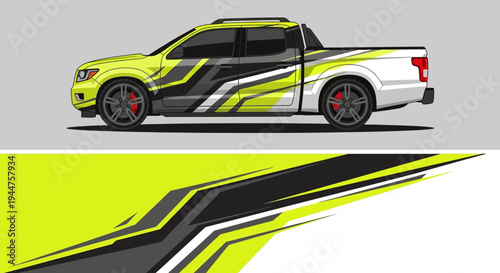 Stylized lime and black graphic on a pickup truck side profile illustration.