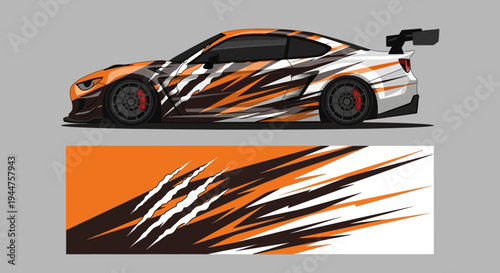 Vivid orange and black racecar with bold white stripe graphics and aerodynamic design.