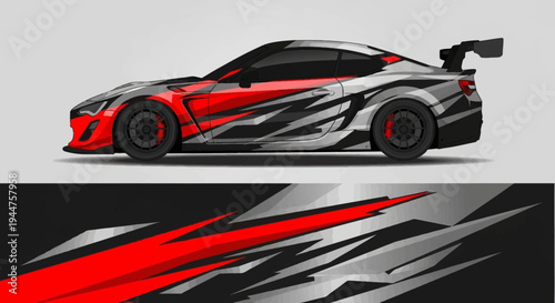 Vibrant red, black, and white stylized race car with dynamic graphic stripes and sleek profile.