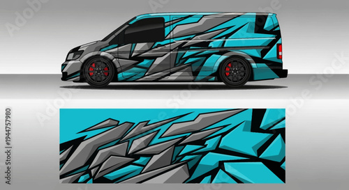 Vibrant turquoise and gray graffiti-wrapped van with bold geometric patterns.