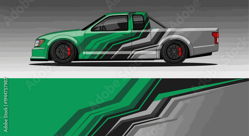 Green racing-style pickup truck with bold black white stripe design.