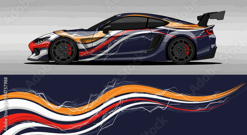 Sleek multi colored racing car with dynamic flame graphics and aerodynamic silhouette in motion.