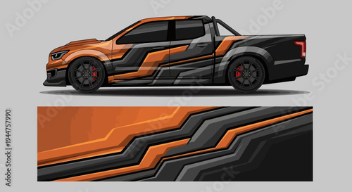 Sleek orange and black custom pickup concept with sharp graphics and aerodynamic design.