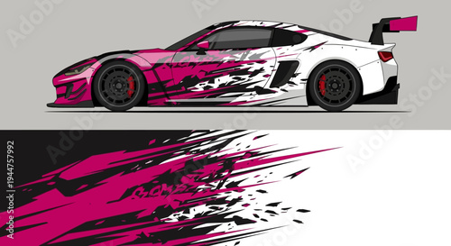 High speed race car with bold pink black paint splash design on track.